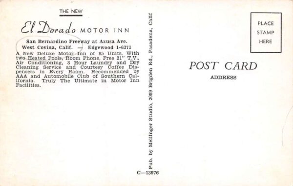 West Covina California El Dorado Motor Inn, Chrome Vintage Postcard U13380 - Image 2
