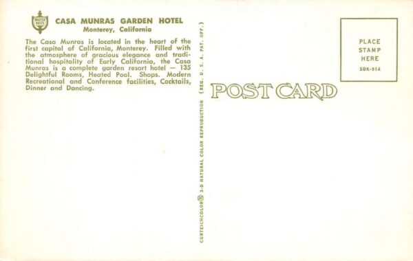 Monterey California Casa Munras Garden Hotel, Chrome Vintage Postcard U13382 - Image 2