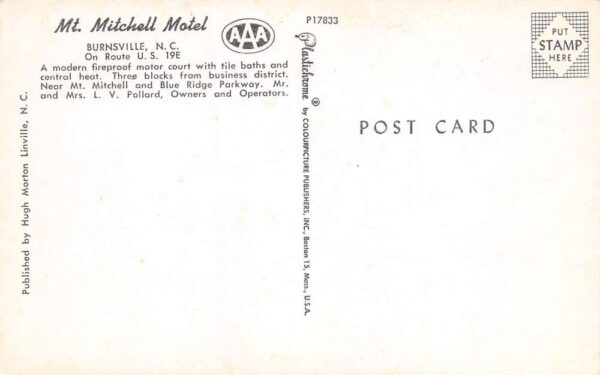 Burnsville North Carolina Mt. Mitchell Motel, Chrome Vintage Postcard U13389 - Image 2