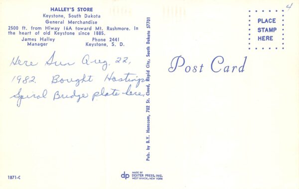Keystone South Dakota Halley's Store, Gas Pump Shown, Vintage Postcard U13420 - Image 2