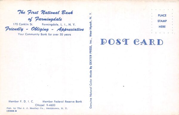 Long Island New York 1st National Bank Of Farmingdale, Chrome Vintage PC U13433 - Image 2