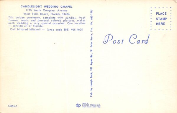 West Palm Beach Florida Candlelight Wedding Chapel, Chrome Vintage PC U13435 - Image 2