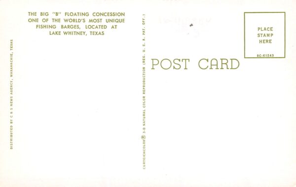 Lake Whitney Texas The Big "B" Floating Concession Stand, Vintage PC U13436 - Image 2