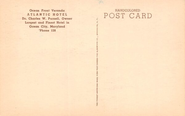 Ocean City Maryland Atlantic Hotel, Ocean Front Veranda, Hand Colored PC U13490 - Image 2