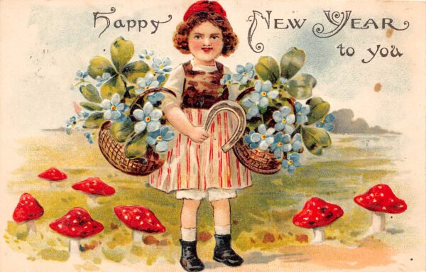 Happy New Year To You Little Girl W/ Baskets Of Clovers & Flowers, Mushrooms, PC U13523
