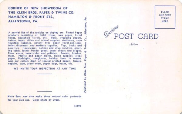 Allentown Pennsylvania Klein Bros Paper and Twine Co Showroom Postcard AA75050 - Image 2