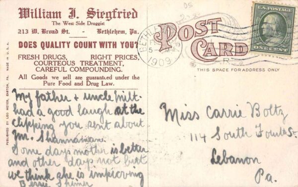 Bethlehem Pennsylvania Siegfried's Drug Store Vintage Postcard AA75231 - Image 2