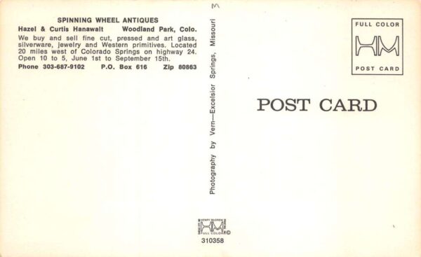 Woodland Park Colorado Spinning Wheel Antiques Vintage Postcard AA75285 - Image 2
