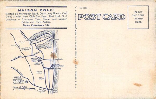 West End New Jersey Maison Folci Restaurant, Color Linen Vintage Postcard U13622 - Image 2