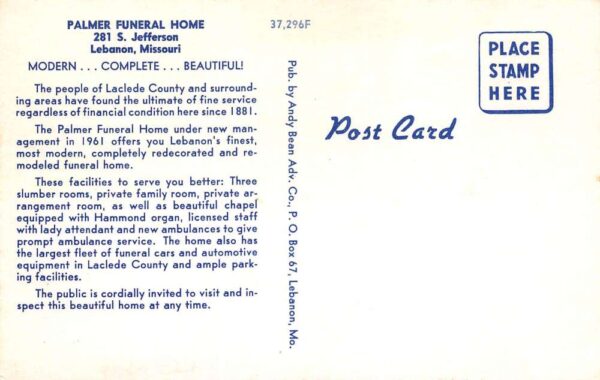 Lebanon Missouri Palmer Funeral Home, Photochrome Vintage Postcard U13654 - Image 2