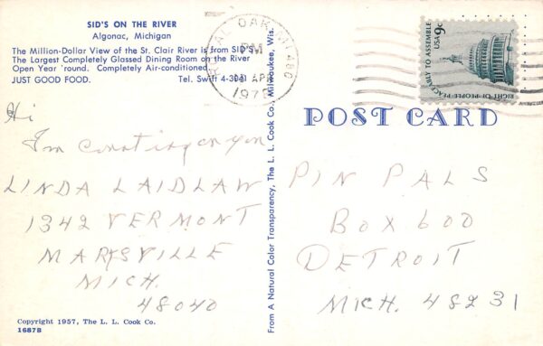 Algonac Michigan Sid's On the River, Photochrome Vintage Postcard U13719 - Image 2