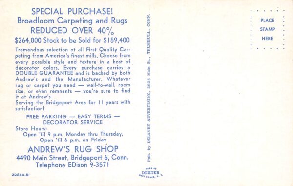 Bridgeport Connecticut Andrew's Rug Shop, interior, Photochrome Postcard U13726 - Image 2