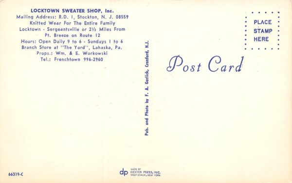 Stockton New Jersey Locktown Sweater Shop, Photochrome Vintage Postcard U13731 - Image 2
