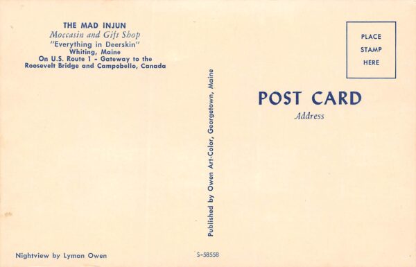 Whiting Maine The Mad Injun Moccasin & Gift Shop, Chrome Vintage PC U13732 - Image 2