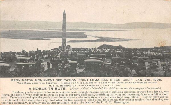 San Diego California Point Loma Bennington Monument Dedication Postcard AA75332