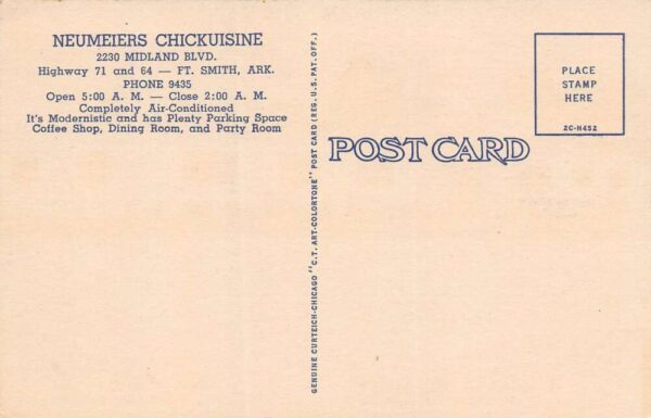 Fort Smith Arkansas Neumeier's Chickuisine Restaurant, Color Linen PC U13831 - Image 2