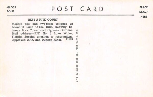 Lake Wales Florida Rest-A-Nite Court, B/W Photo Print Vintage Postcard U13984 - Image 2