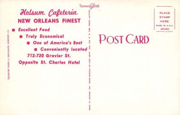 New Orleans Louisiana Holsum Cafeteria, Photochrome Vintage Postcard U14010 - Image 2