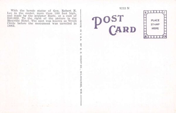 New Orleans Louisiana Robert E. Lee Circle, White Border Vintage Postcard U14022 - Image 2