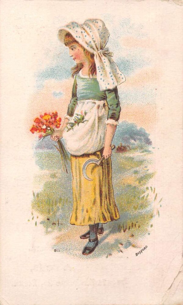 Dr.Hartshorns Medicine Ad Girl with Scythe Cutting Flowers Trade Card AA75456