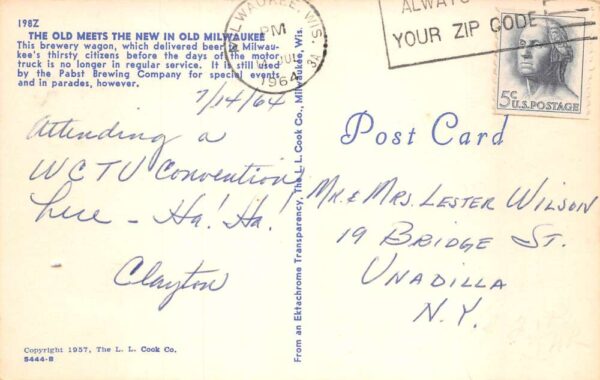 Milwaukee Wisconsin Pabst Blue Ribbon Beer Wagon Vintage Postcard AA75684 - Image 2
