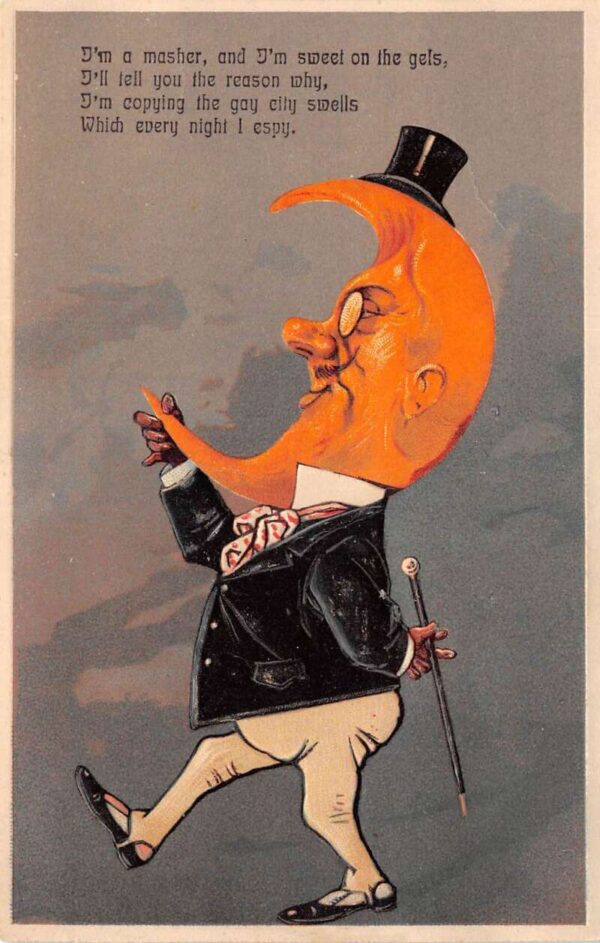 Crescent Moon Headed Man W/ Top Hat, Artist P.F.B., Embossed, Vintage PC U14023