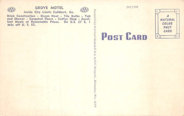 Cuthbert Georgia Grove Motel, Multi-View Linen Vintage Postcard U14042 - Image 2