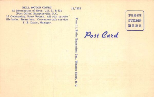 Brooks Cross Roads North Carolina Bell Motor Court, Color Linen Postcard U14045 - Image 2
