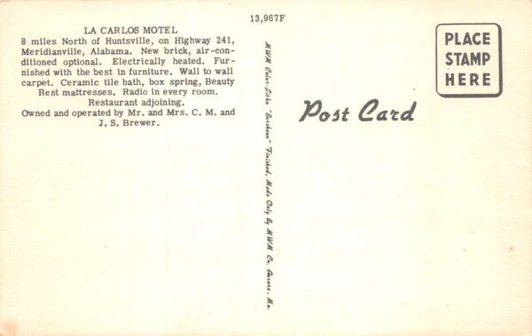 Meridianville Alabama La Carlos Motel, Multi-View Linen Vintage Postcard U14050 - Image 2