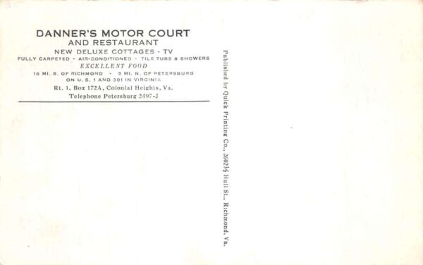 Colonial Heights Virginia Danner's Motor Court, B/W Photo Print Postcard U14051 - Image 2