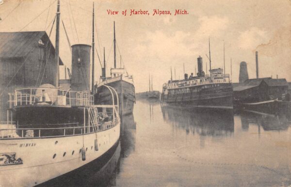 Alpena Michigan View Of Harbor, B/W Lithograph Vintage Postcard U14091