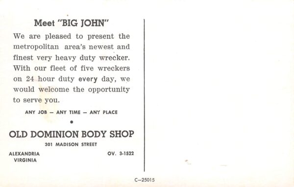 Alexandria Virginia Old Dominion Body Shop, Chrome, Vintage Postcard U14098 - Image 2