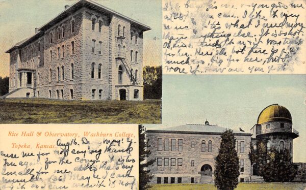 Topeka Kansas Washburn College, Rice Hall & Observatory, Vintage PC U14126