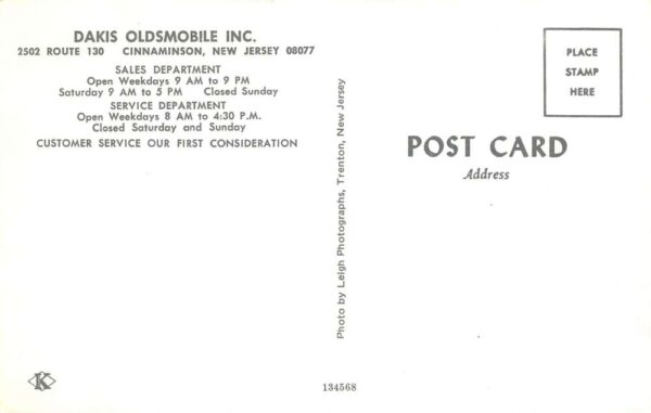 Cinnaminson New Jersey Dakis Oldsmobile, Photochrome Vintage Postcard U14219 - Image 2