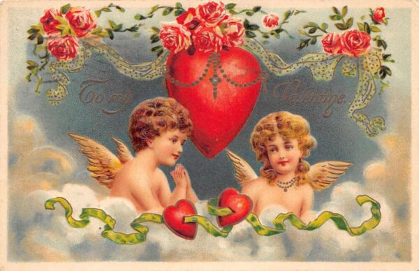 To My Valentine Cherubs In Clouds With Hearts, Embossed, Vintage Postcard U14225
