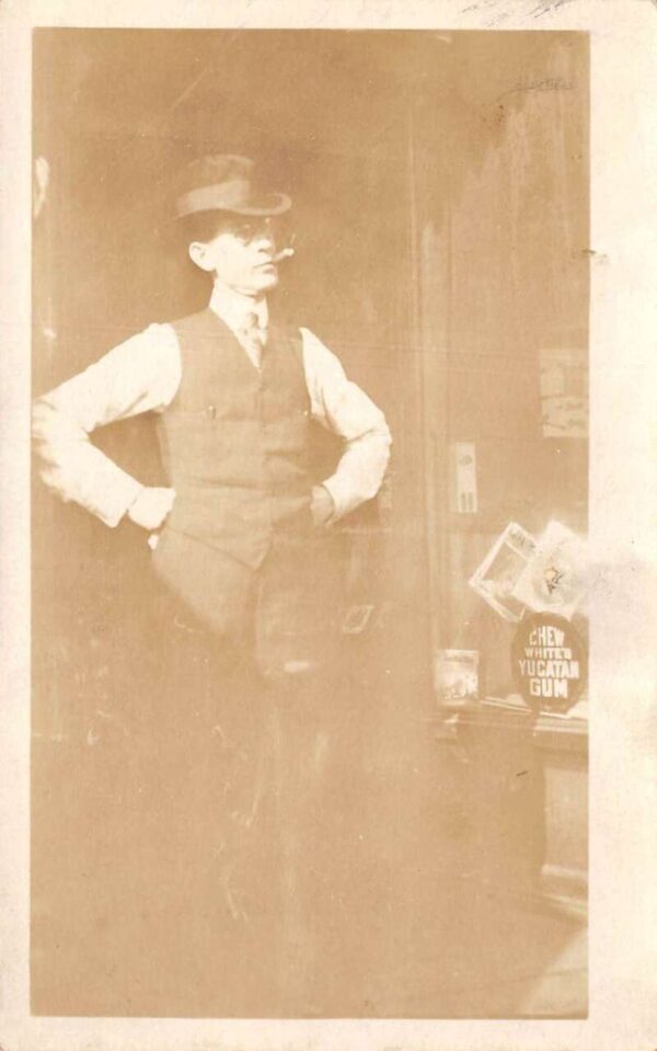 Man Smoking White's Yucatan Gum Sign Real Photo Vintage Postcard AA74545