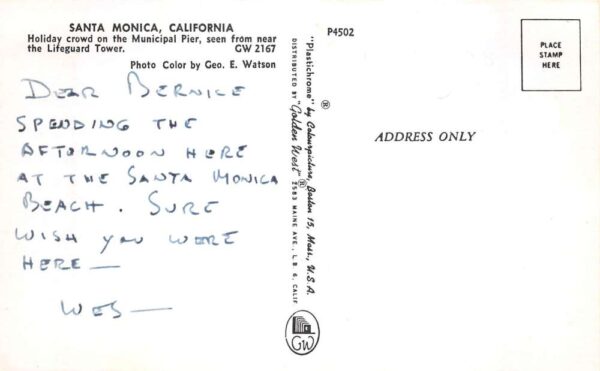 Santa Monica California Municipal Pier from Lifeguard Tower Postcard AA74572 - Image 2
