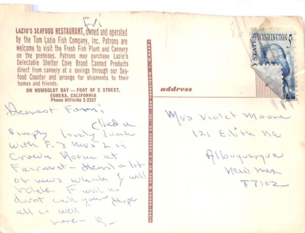 Eureka California Lazio's Seafood Restaurant Dining Room Postcard AA74573 - Image 2