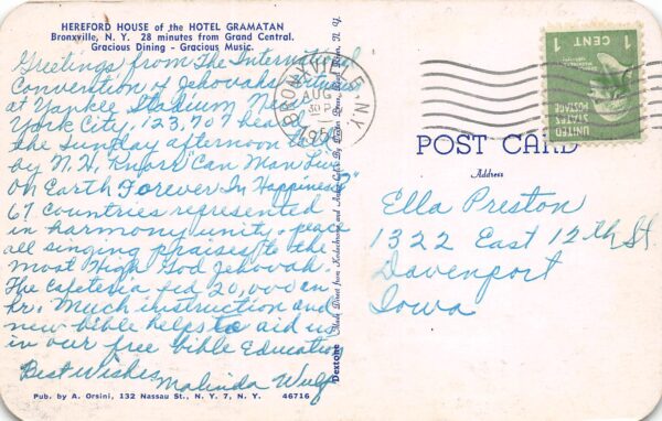 Bronxville New York Hereford House, Hotel Gramatan Vintage Postcard U13093 - Image 2