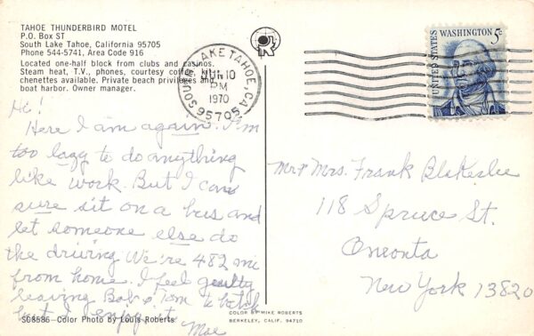 South Lake Tahoe California Tahoe Thunderbird Motel, Chrome Vintage PC U13099 - Image 2