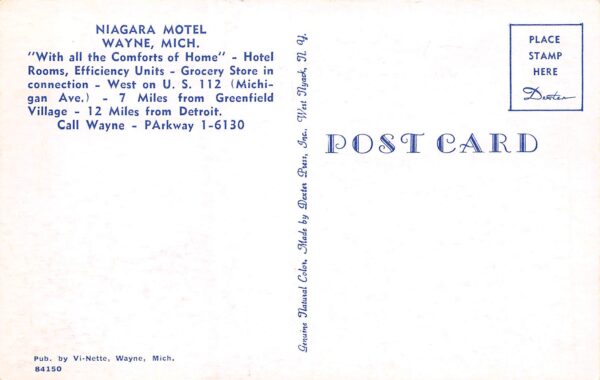 Wayne Michigan Niagara Motel, Chrome Vintage Postcard U13101 - Image 2