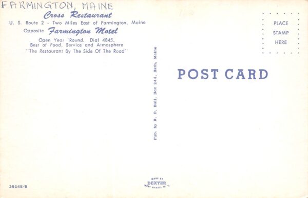 Farmington Maine Cross Restaurant, Photochrome Vintage Postcard U13103 - Image 2