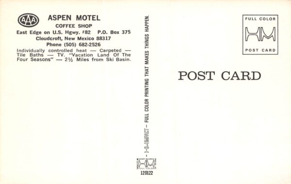 Cloudcroft New Mexico Aspen Motel & Coffee Shop, Chrome Vintage PC U13107 - Image 2