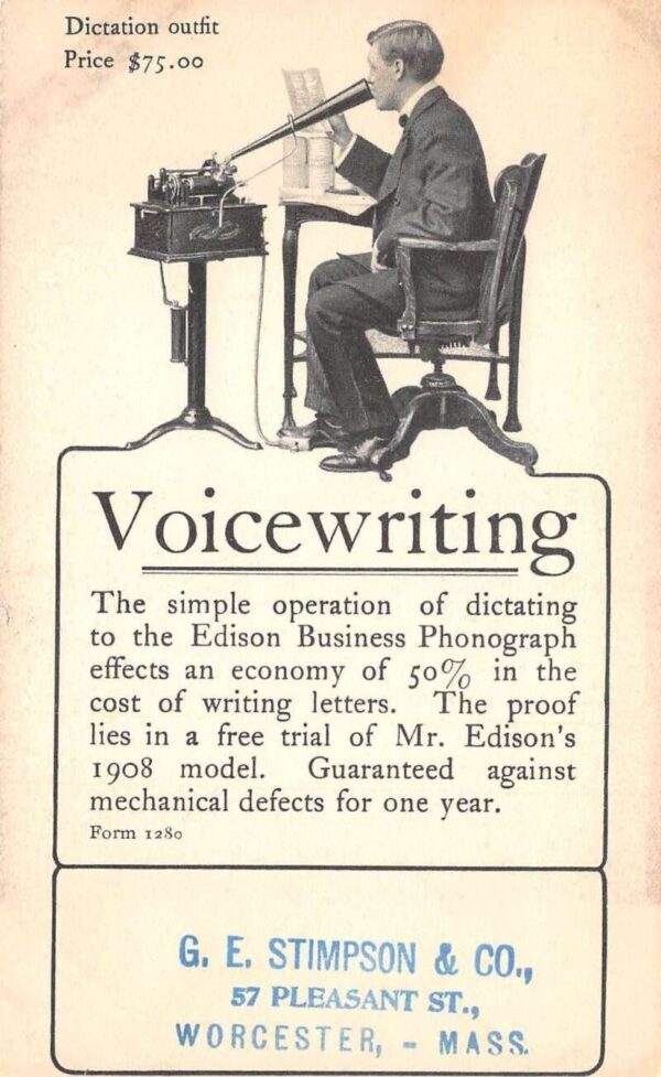 Thomas Edison Business Phonograph Voicewriting Recording Ad Non PC Back AA74451 - Image 2