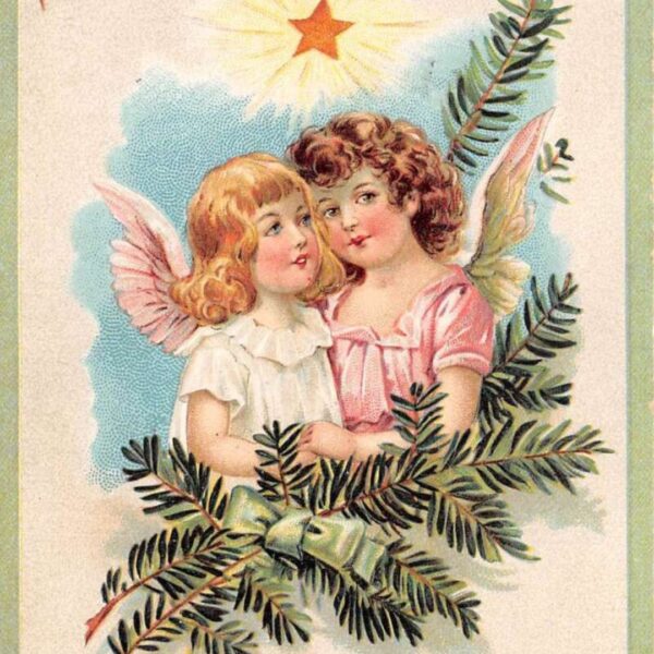 Christmas angels on vintage holiday postcard