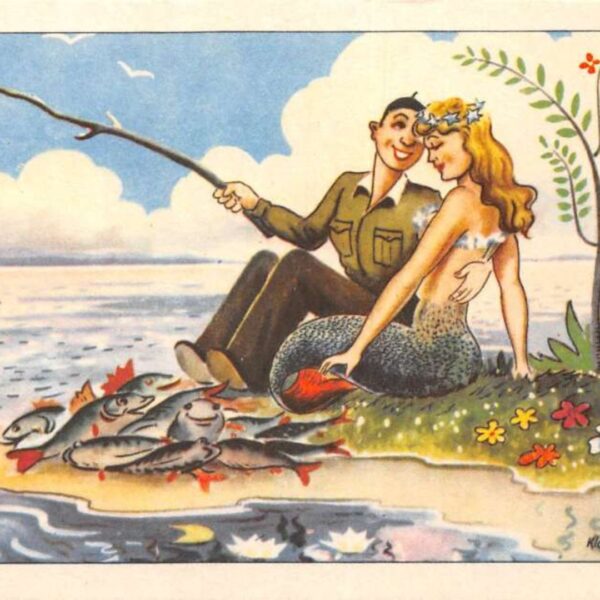 Postcard of couple fishing in American Traditional Style