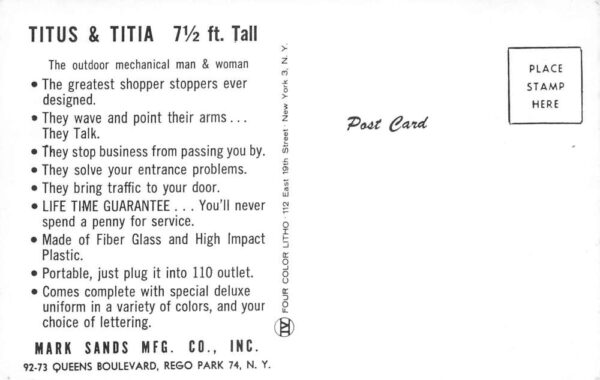 Rego Park Mark Sands Titus and Titia Mechanical Animatronic Ad Postcard AA79793 - Image 2