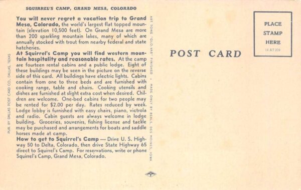Grand Mesa Colorado Squirrel's Camp Vintage Postcard AA79846 - Image 2