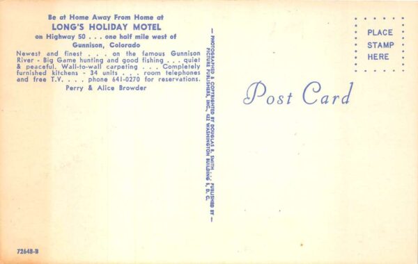 Gunnison Colorado Long's Holiday Motel Vintage Postcard AA79847 - Image 2