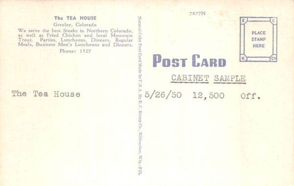 Greeley Colorado The Tea House Dining Room Vintage Postcard AA79850 - Image 2